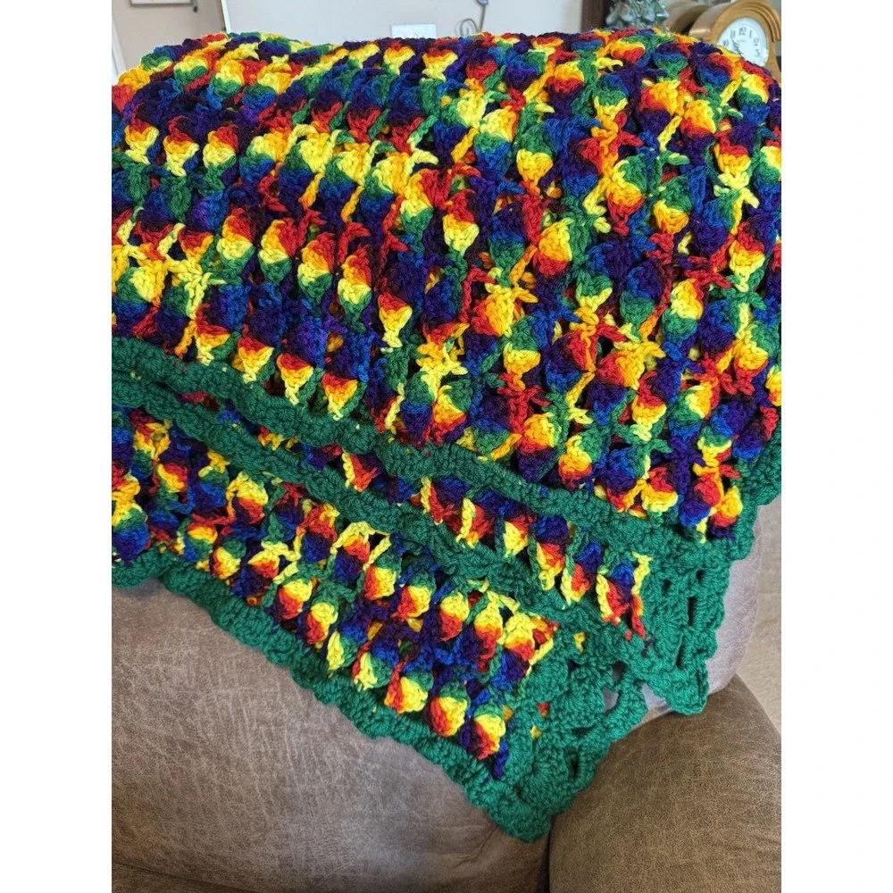 Vintage Granny Crochet Afghan Blanket Black Multi Handmade Approx 47